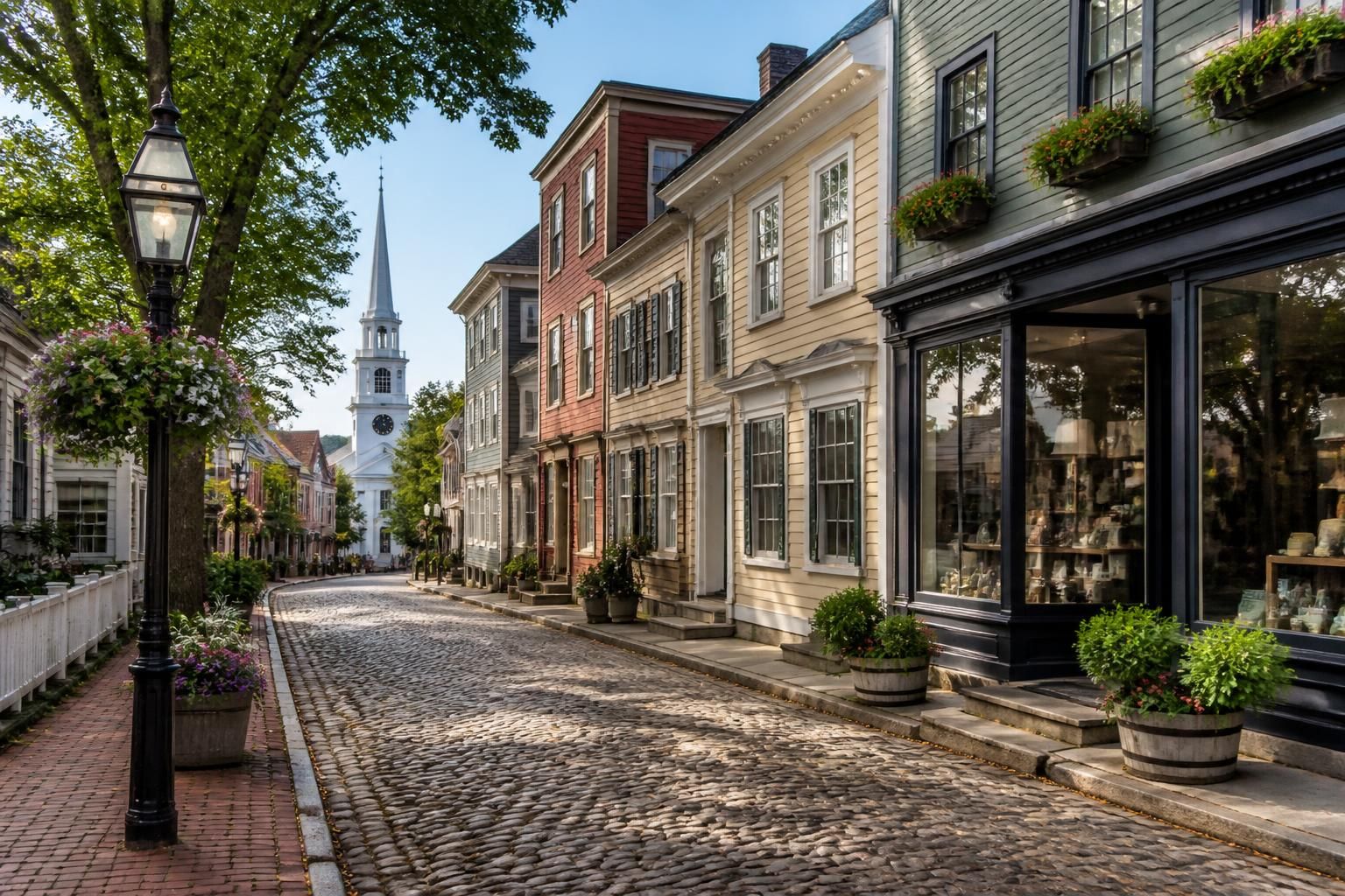 Historic town street with attractive buildings and clean reflective windows