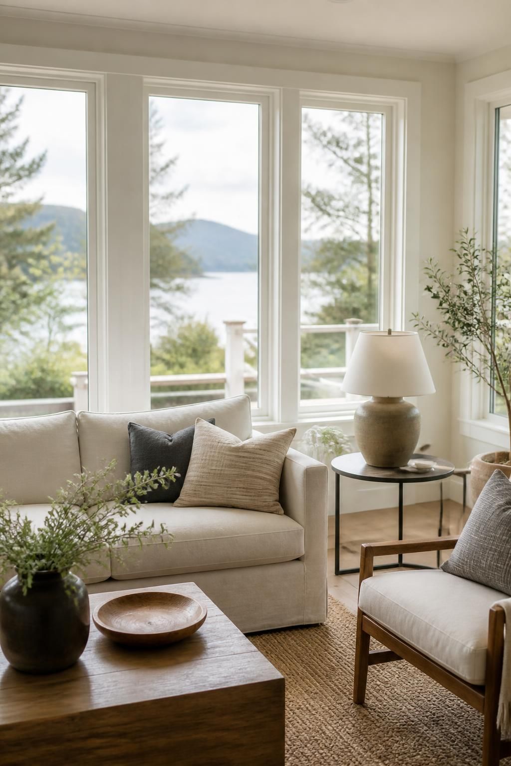 Bright living space seen through clean windows with soft daylight