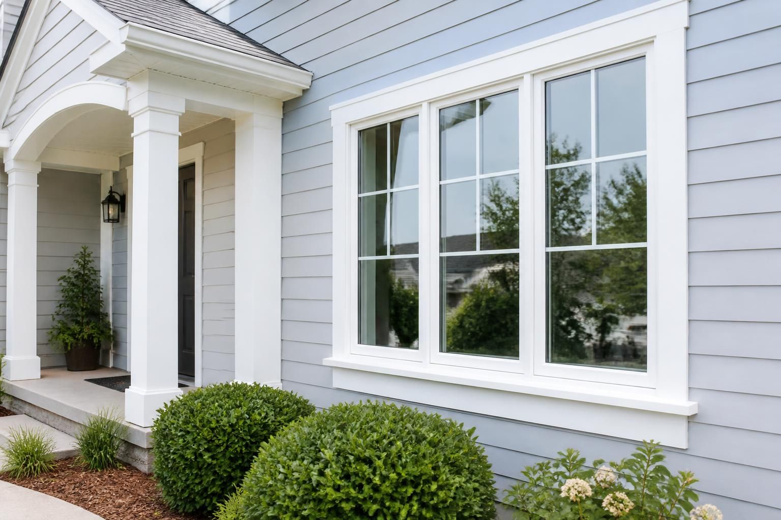 Bright home exterior with freshly cleaned windows and soft reflections