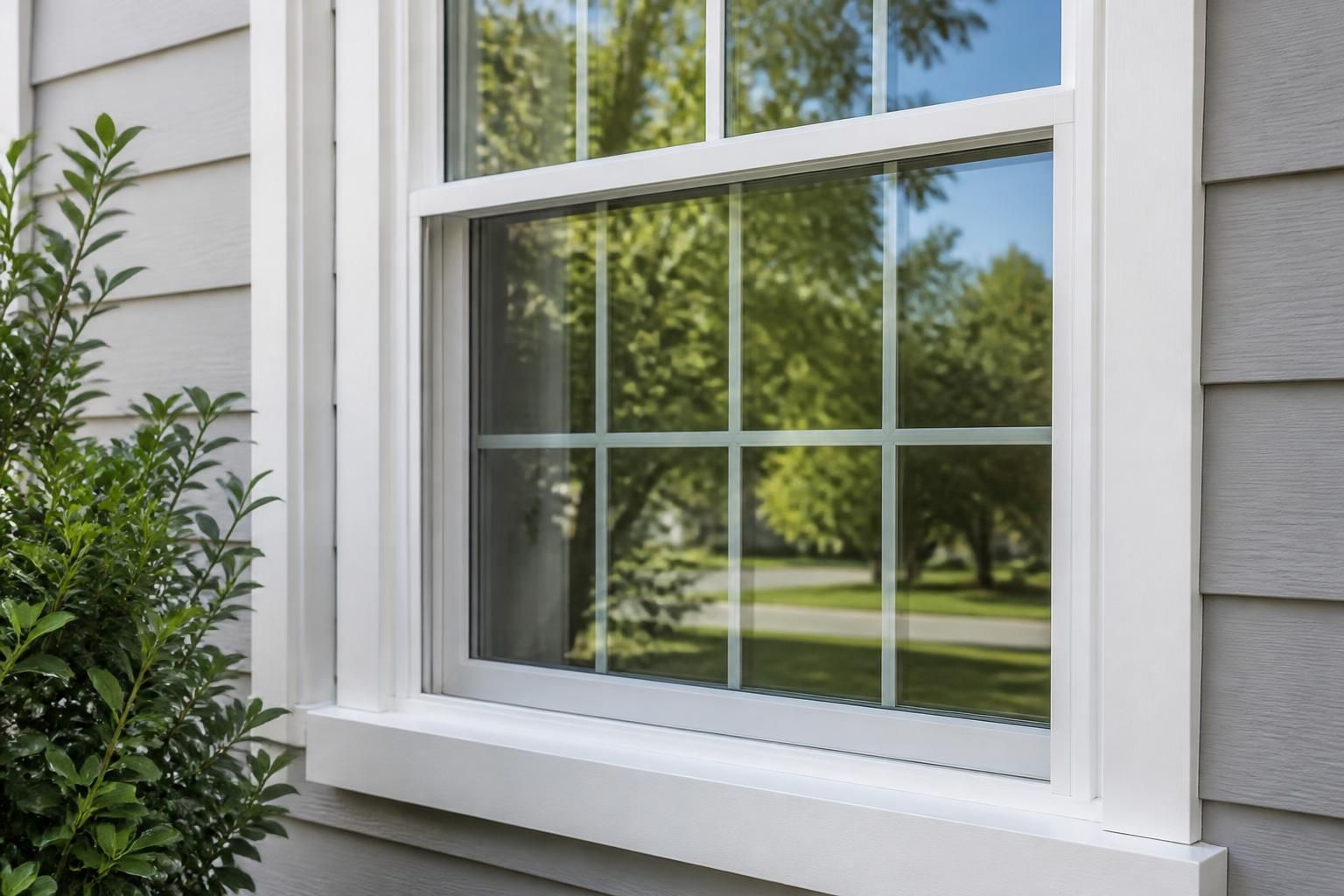 Clean residential window with bright natural reflections