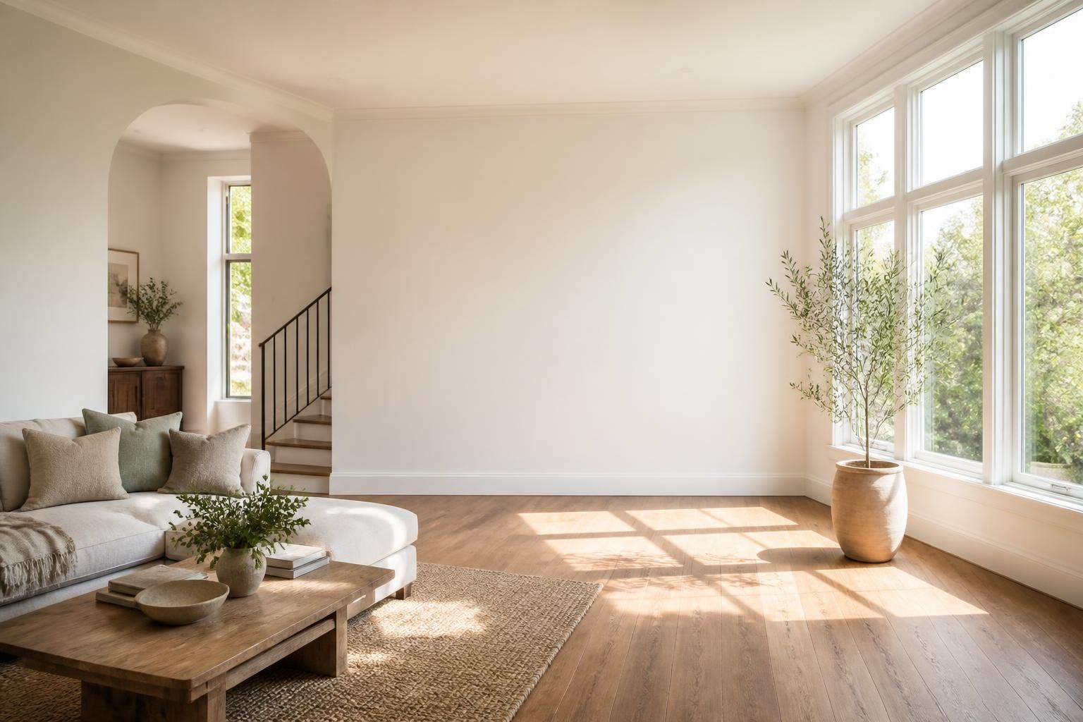 Sunlit home interior with large sparkling windows and open space